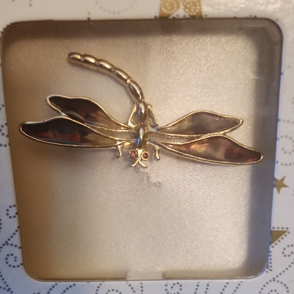 Gold Tone Dragonfly Brooch with Brown Enamel Wings